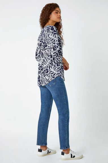 Roman Navy Textured Floral Print Stretch Top