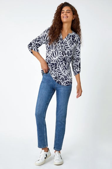 Roman Navy Textured Floral Print Stretch Top