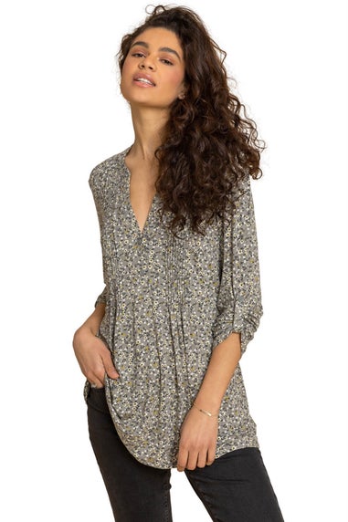 Roman Pale Green Ditsy Floral Print Pintuck Jersey Shirt
