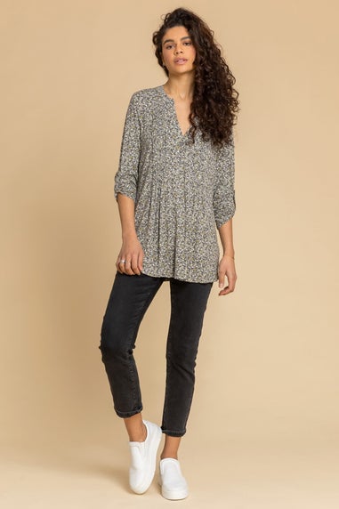 Roman Pale Green Ditsy Floral Print Pintuck Jersey Shirt