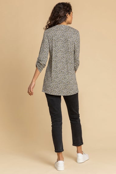 Roman Pale Green Ditsy Floral Print Pintuck Jersey Shirt