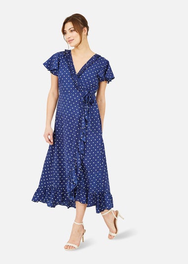 Yumi Navy Polka Dot Frill Wrap Dress