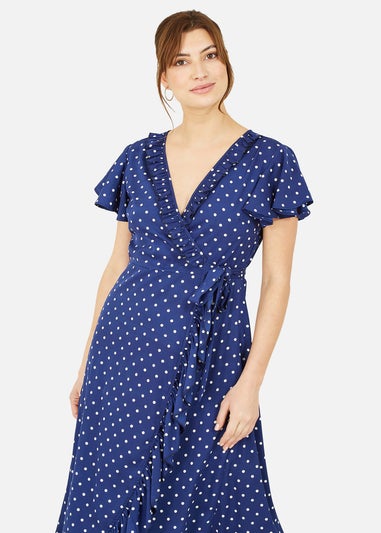 Yumi Navy Polka Dot Frill Wrap Dress