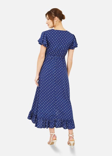 Yumi Navy Polka Dot Frill Wrap Dress