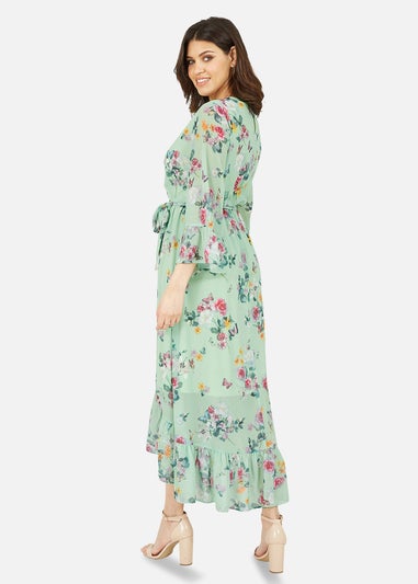 Yumi Mint Green Floral Butterfly Wrap High Low Dress