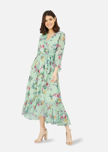Yumi Mint Green Floral Butterfly Wrap High Low Dress