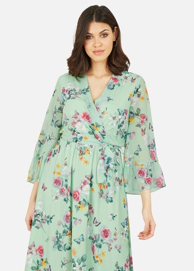 Yumi Mint Green Floral Butterfly Wrap High Low Dress