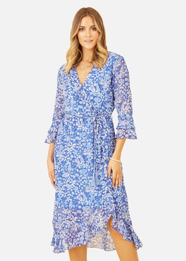 Mela Recycled Blue Floral Frill Wrap Dress