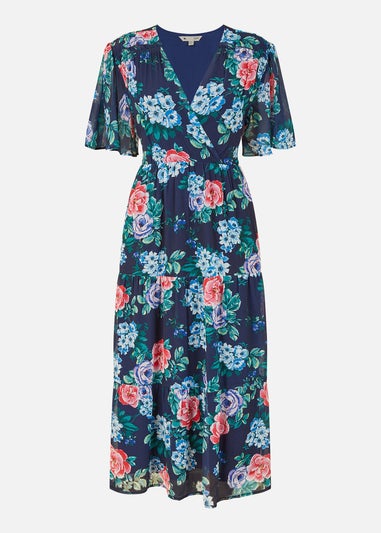 Yumi Navy Floral Wrap Midi Dress With Tiered Hem