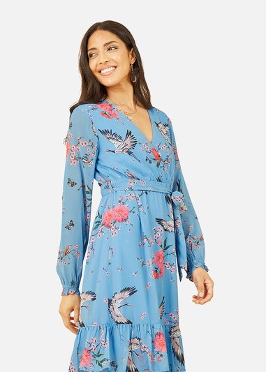 Yumi Blue Crane Print Long Sleeve Wrap Midi Dress