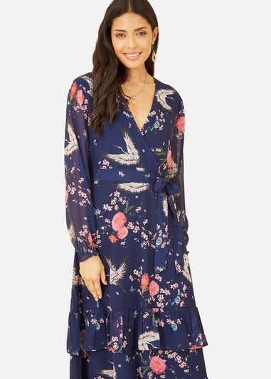 Yumi Navy Crane Print Long Sleeve Wrap Midi Dress