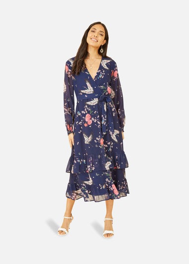 Yumi Navy Crane Print Long Sleeve Wrap Midi Dress