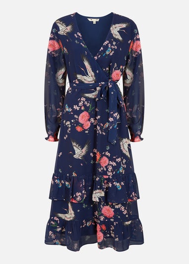 Yumi Navy Crane Print Long Sleeve Wrap Midi Dress