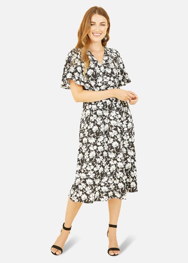 Yumi Black Floral Wrap Midi Dress