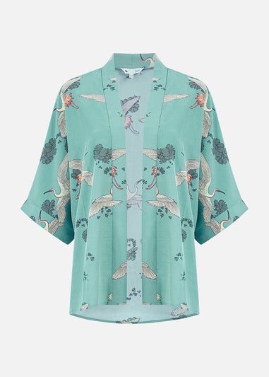 Yumi Green Crane Print Kimono