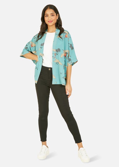 Yumi Green Crane Print Kimono