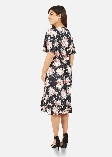 Mela Black Rose Print Wrap Frill Jersey Dress