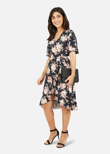 Mela Black Rose Print Wrap Frill Jersey Dress