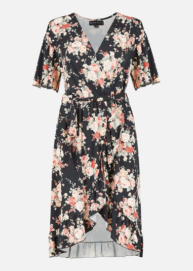 Mela Black Rose Print Wrap Frill Jersey Dress