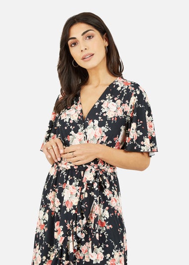 Mela Black Rose Print Wrap Frill Jersey Dress