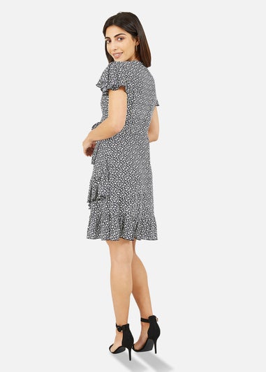 Mela Navy Ditsy Daisy Wrap Effect Frill Dress