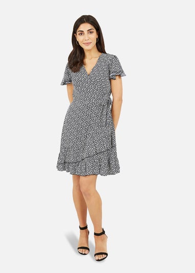 Mela Navy Ditsy Daisy Wrap Effect Frill Dress