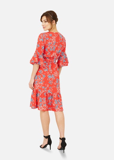 Mela Floral Fluted Sleeve Wrap Skater Dress