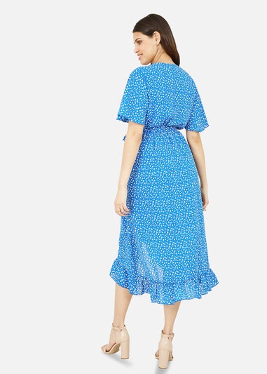 Mela Blue Ditsy Daisy Wrap Front Midi Dress