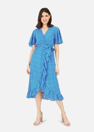 Mela Blue Ditsy Daisy Wrap Front Midi Dress