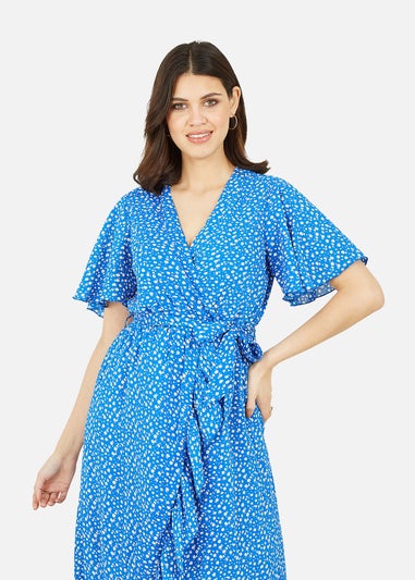 Mela Blue Ditsy Daisy Wrap Front Midi Dress