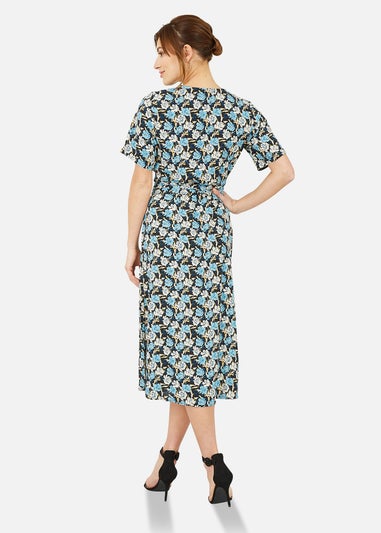 Mela Blue Flower Wrap Midi Dress