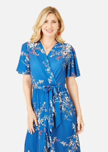 Mela Blue Floral Dip Hem Wrap Midi Dress