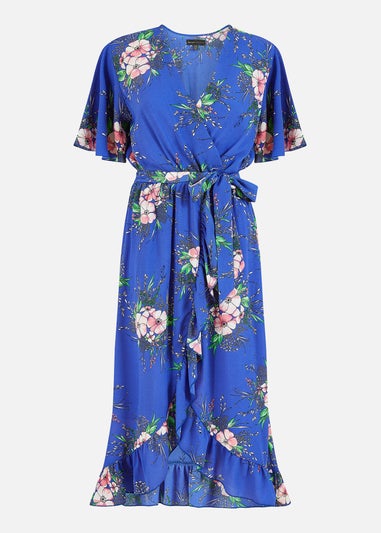 Mela Dark Blue Floral Dip Hem Wrap Midi Dress