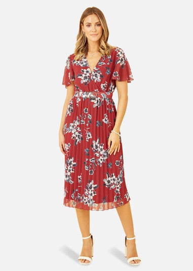 Mela Red Floral Print Pleated Dress With Gold Buckle