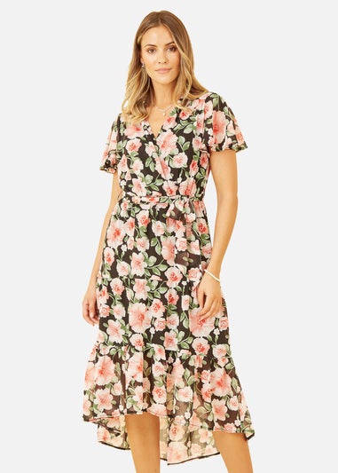 Mela Black Floral Wrap Dress With Tiered Dipped Hem