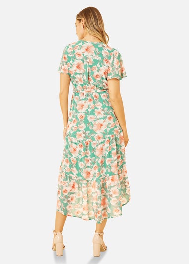 Mela Green Floral Wrap Dress With Tiered Dipped Hem