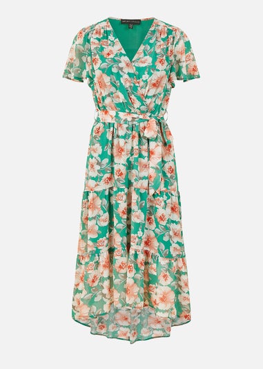 Mela Green Floral Wrap Dress With Tiered Dipped Hem