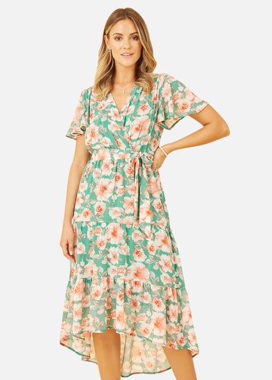 Mela Green Floral Wrap Dress With Tiered Dipped Hem