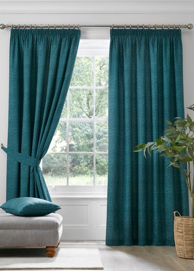 Dreams & Drapes Pembrey Brushed Cotton Blue Pencil Pleat Curtains With Tie-Backs