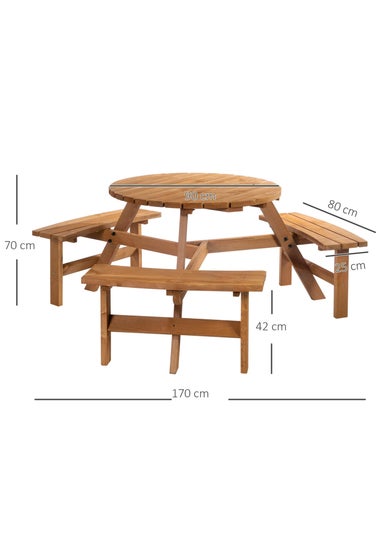 Outsunny 6 Seater Wooden Picnic Table and Bench Set Round Patio Dining Set with 3 Benches and Umbrella Hole