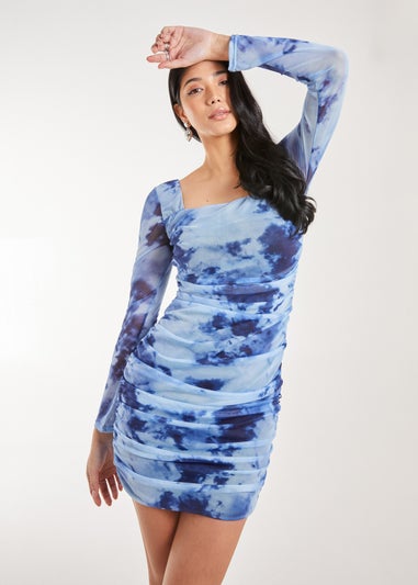 Pink Vanilla Blue Long Sleeve Tie Dye Mesh Mini Dress