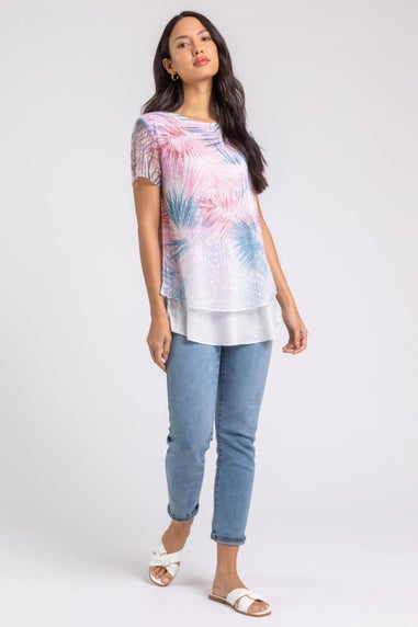 Roman Pink Sequin Mesh Stretch Leaf Print Top