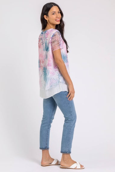 Roman Pink Sequin Mesh Stretch Leaf Print Top