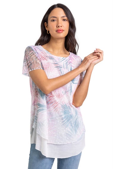 Roman Pink Sequin Mesh Stretch Leaf Print Tunic Top