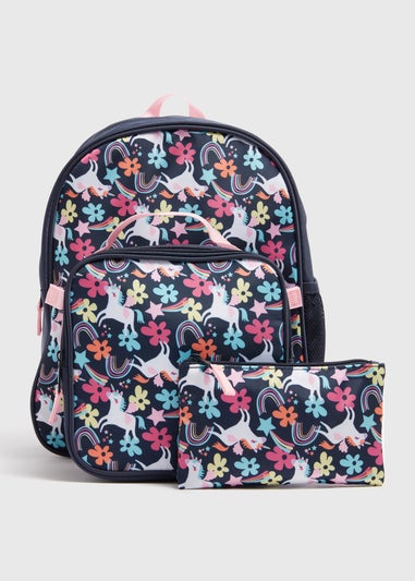 3 Pack Girls Black Unicorn Backpack Set Matalan