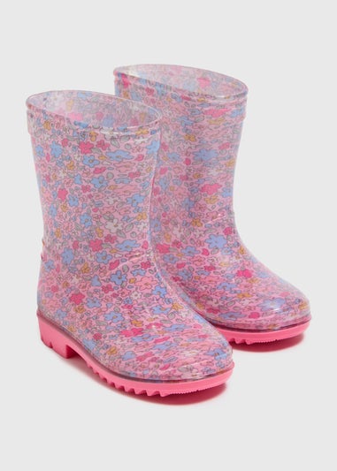 Girls Pink Floral Print Wellies (Younger 4-12)