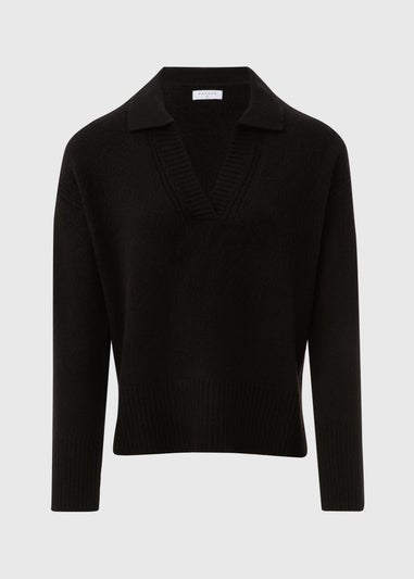 Black Ribbed V-Neck Collar Jumper