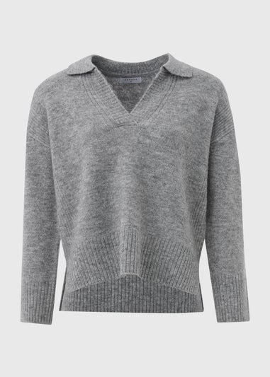 Grey Ribbed V-Neck Collar Jumper