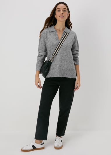 Grey Ribbed V-Neck Collar Jumper