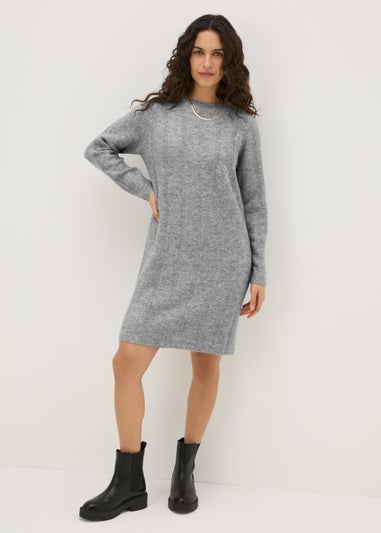 Grey Ribbed Knit Mini Dress